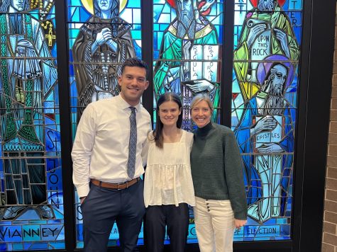Mr. Wisnieski, Ms. Power, and Ms. Magruder outside the chapel.