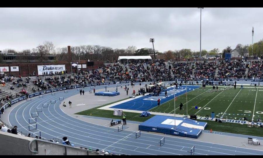A+view+of+the+blue+oval+at+the+Drake+Relays+2023+during+an+officials+break