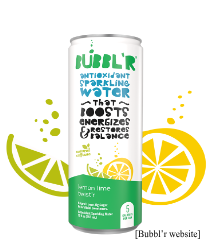 12oz can of Bubblr flavor Lemon Lime Twistr colored with green and different colored fruits.
