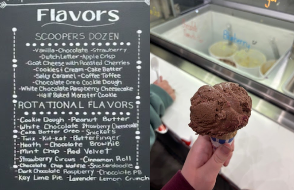 The Outside Scoops menu and a dark chocolate raspberry ice cream cone.