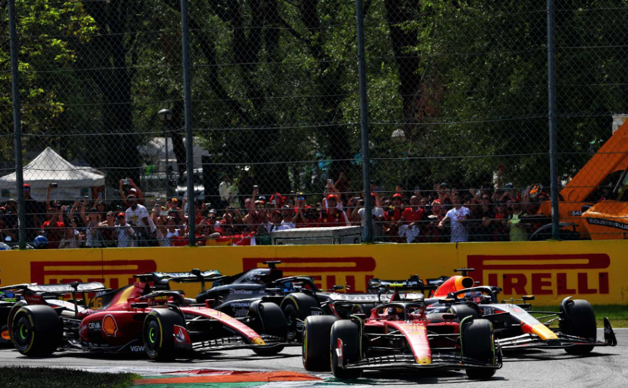 Ferrari and Mercedes round the corner, neck in neck with Redbull in Monza, 2023
