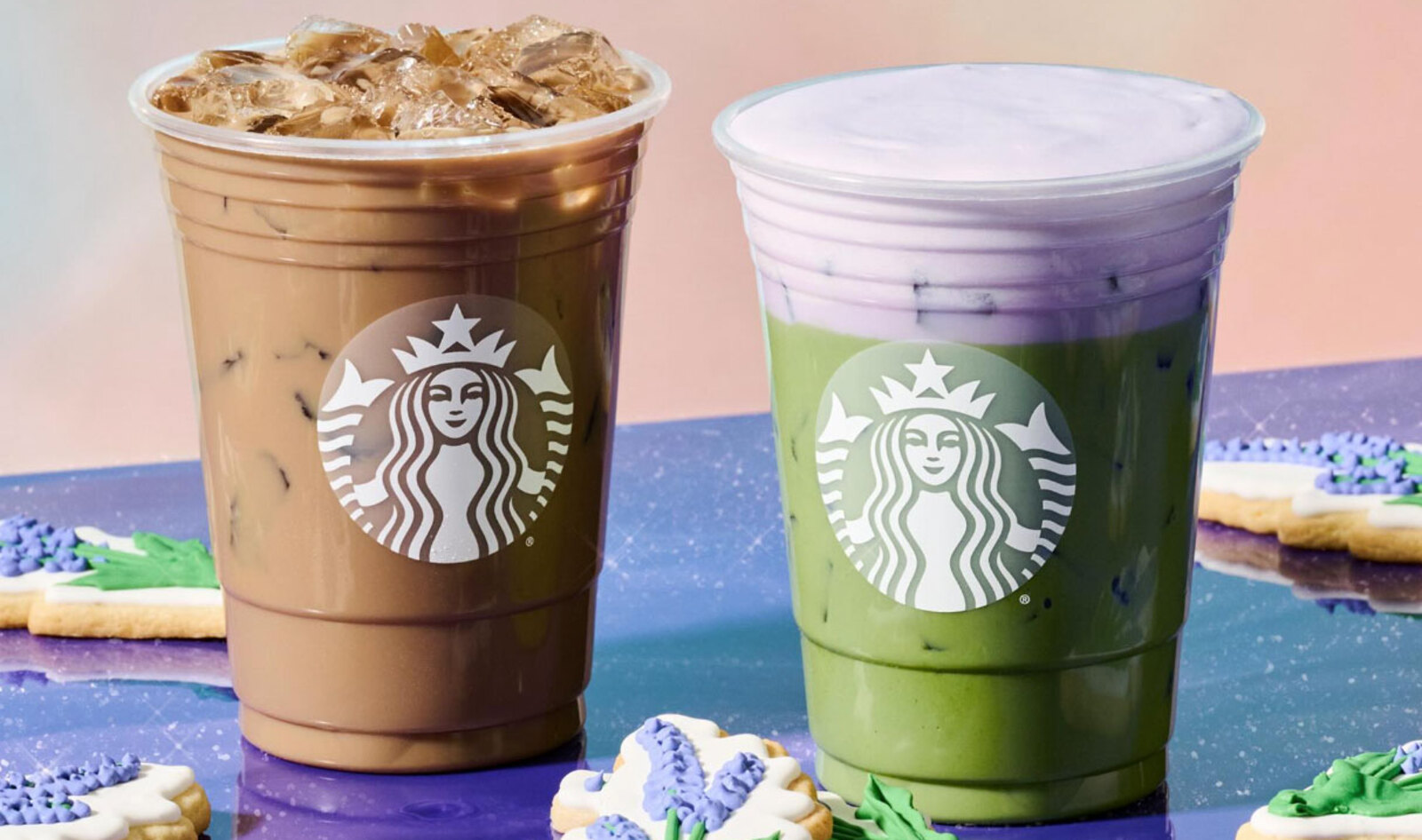 The new spring Starbucks drinks: Iced Oatmilk Lavender Latte and the Matcha with the Lavender Coldfoam.