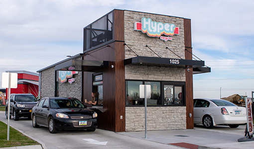 The double drive through at Hyper Energy Bar as cars go through to receive their drinks.