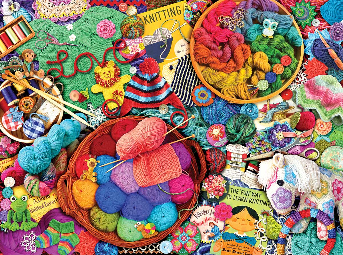 A spread of yarn, showing off a bunch of different kinds of needlecrafts