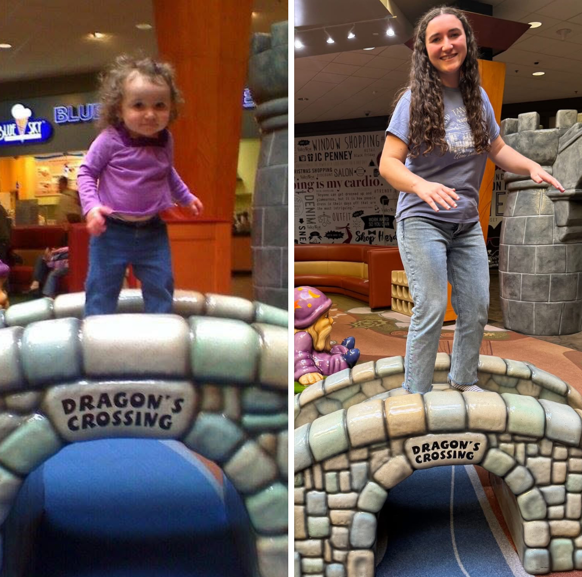 A recreation of my favorite childhood photo, me standing on a bridge in the Valley West Mall playground. 